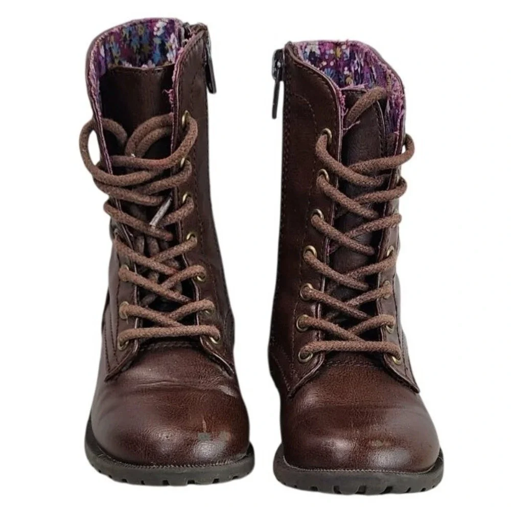 Kids Brown Faux Leather Lace Up Side Zip Combat Boots Size 7 Floral Lined‎